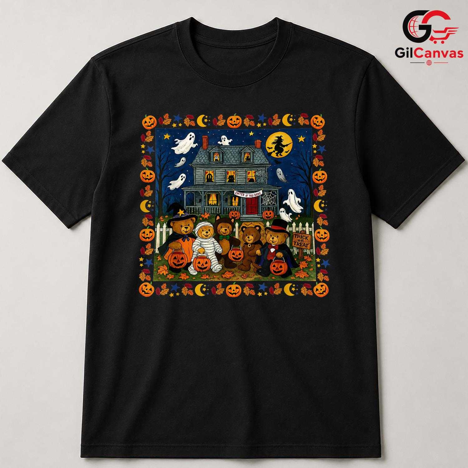 Cute Bear Pumpkin Fall Tee Shirt Unisex Spooky Halloween Gift Kids And Adults