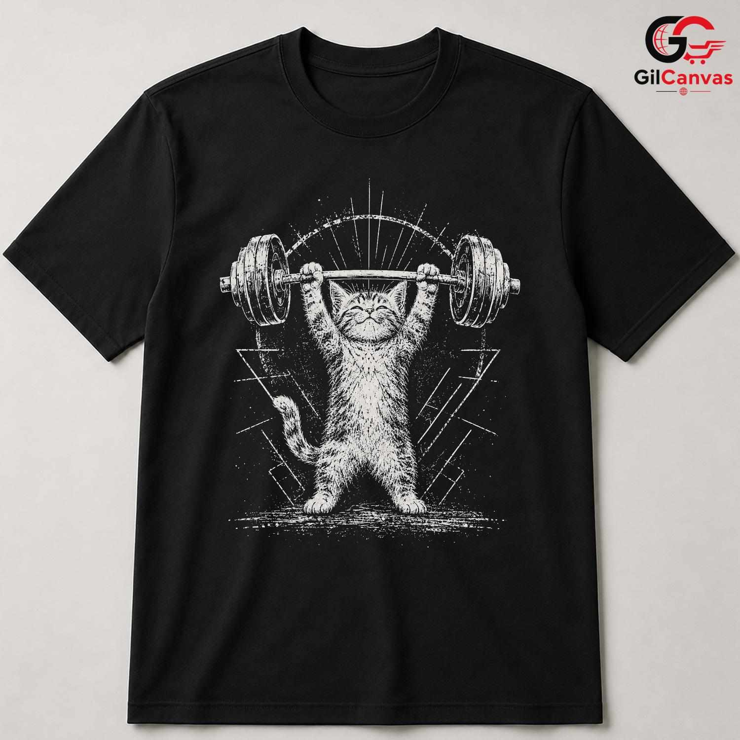 Cute Cat Barbell Workout T-Shirt Gym Fitness Lover Gift Unisex Graphic Apparel