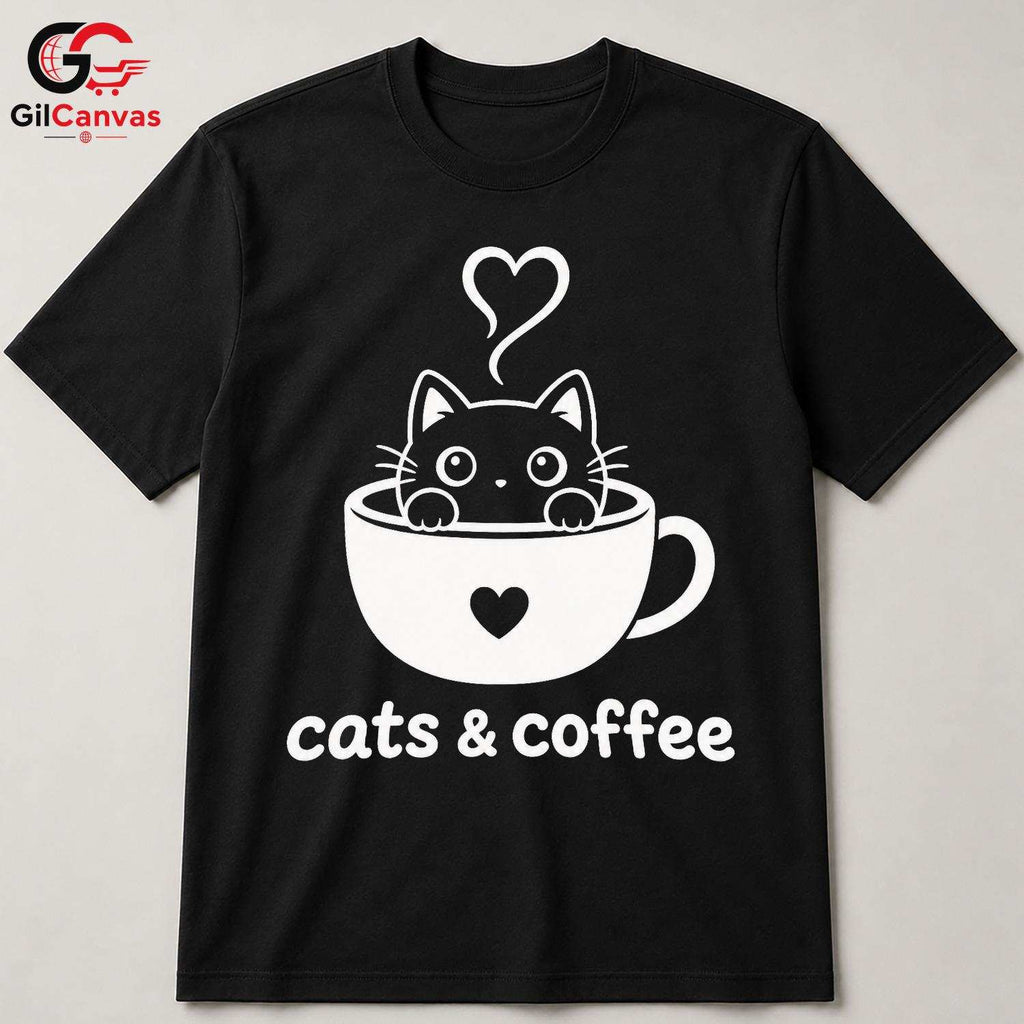 Cute Cat Coffee T-Shirt Feline Lover Perfect Occasion Custom Graphic Unisex