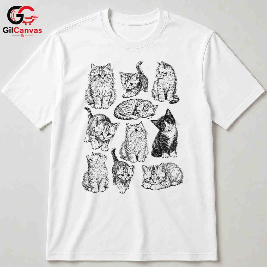 Cute Cat Illustration T-Shirt Feline Lover Perfect Gift Idea Women Men Shirt