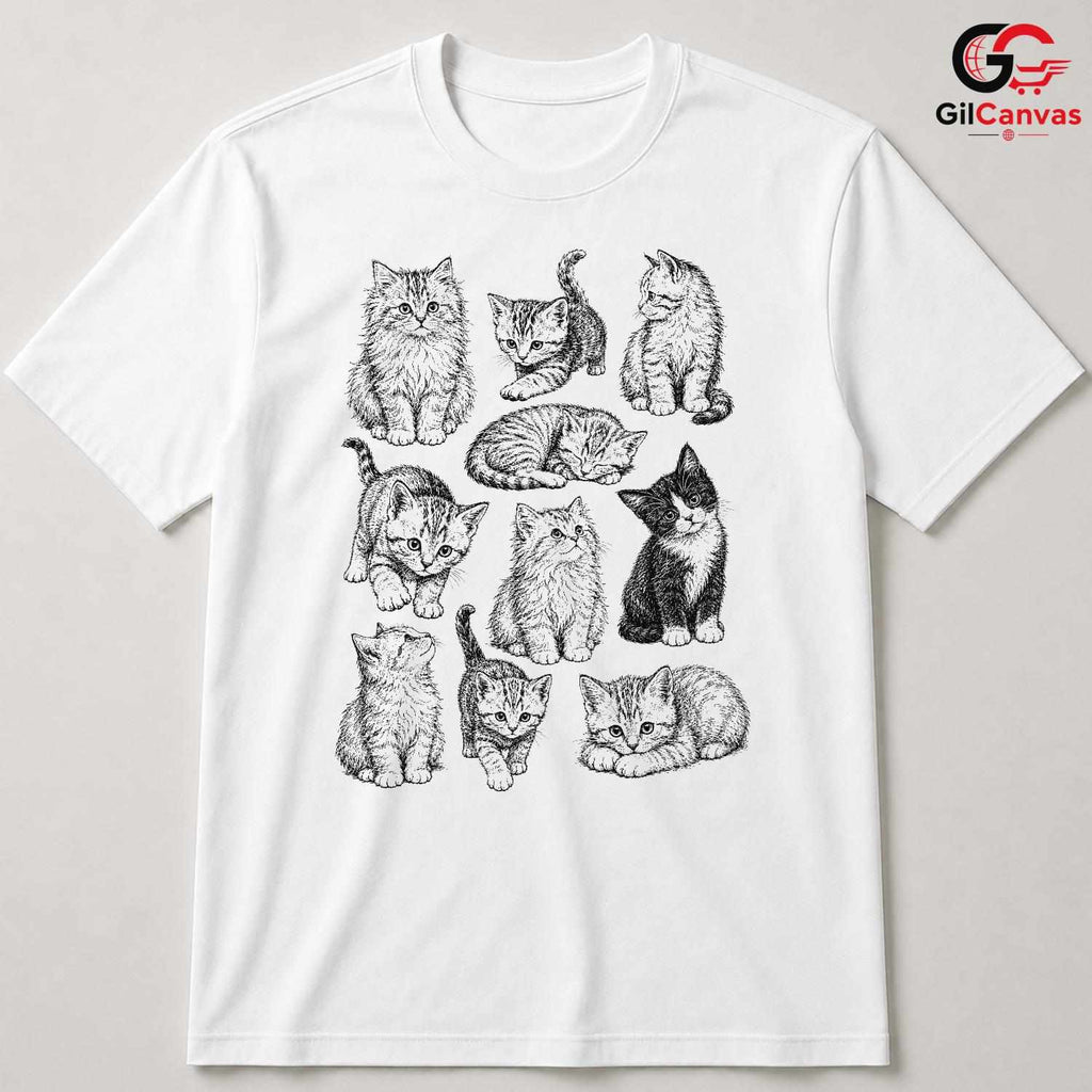 Cute Cat Illustration T-Shirt Feline Lover Perfect Gift Idea Women Men Shirt