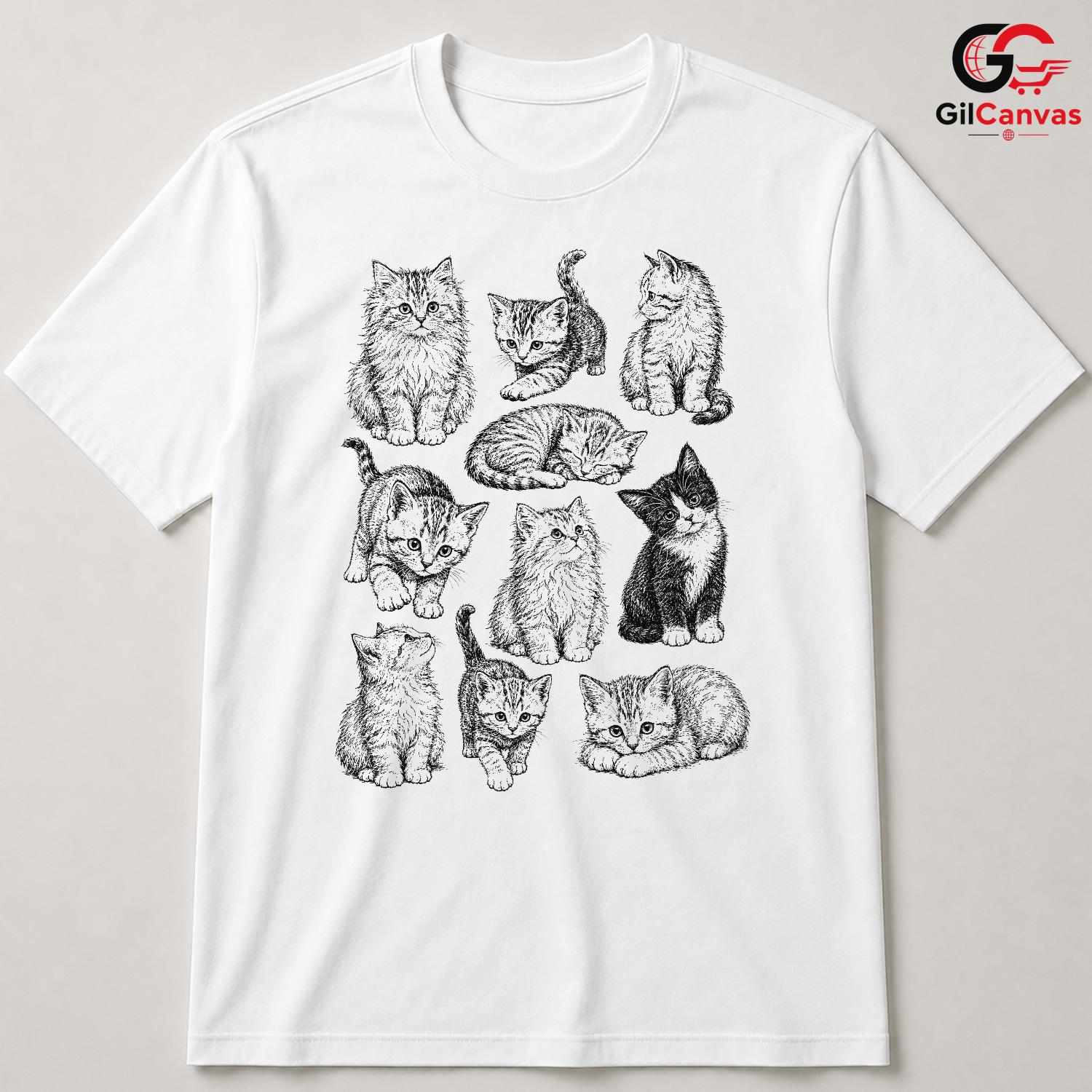 Cute Cat Illustration T-Shirt Feline Lover Perfect Gift Idea Women Men Shirt