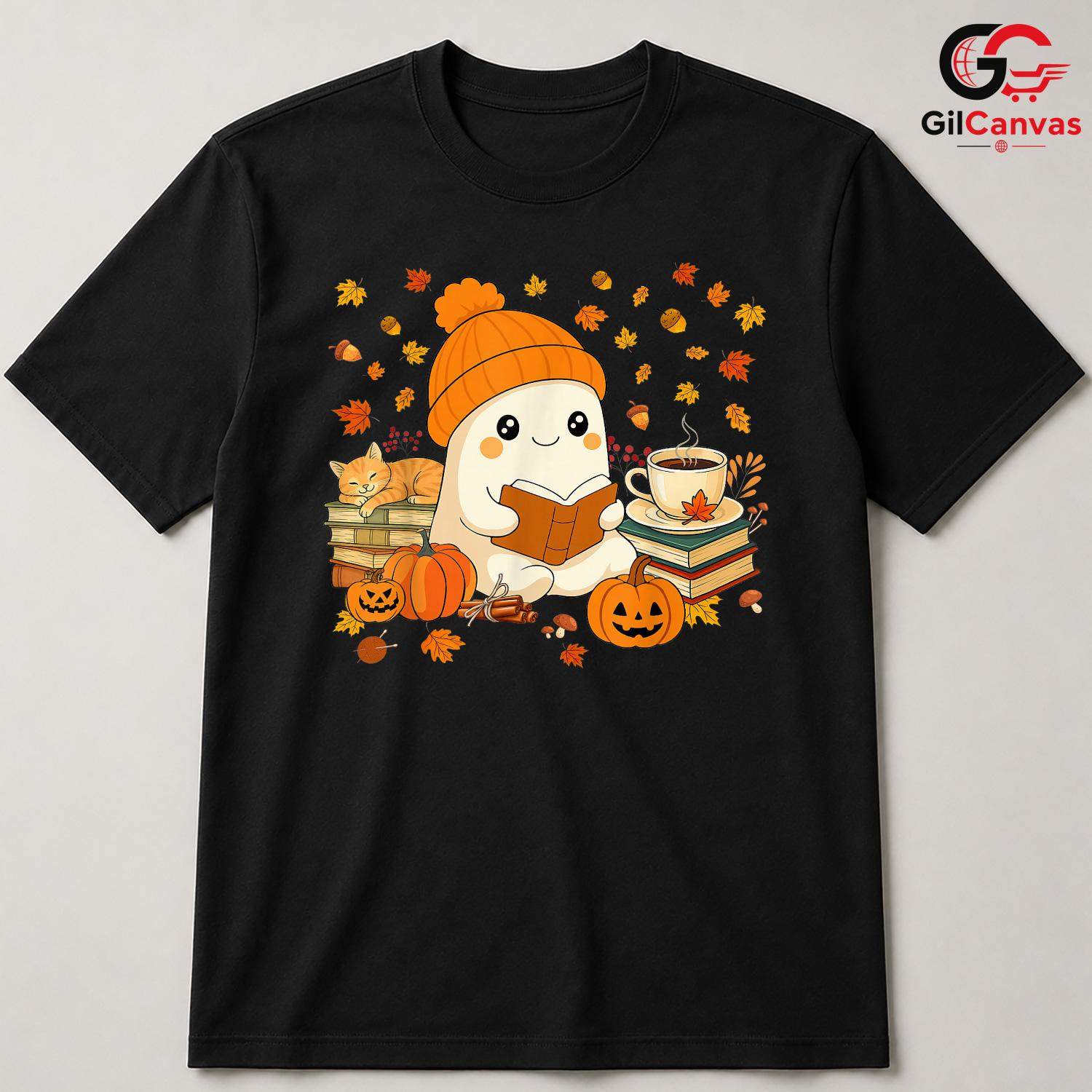 Cute Ghost Reading T-Shirt Unisex Spooky Halloween Book Gift Kids And Teens