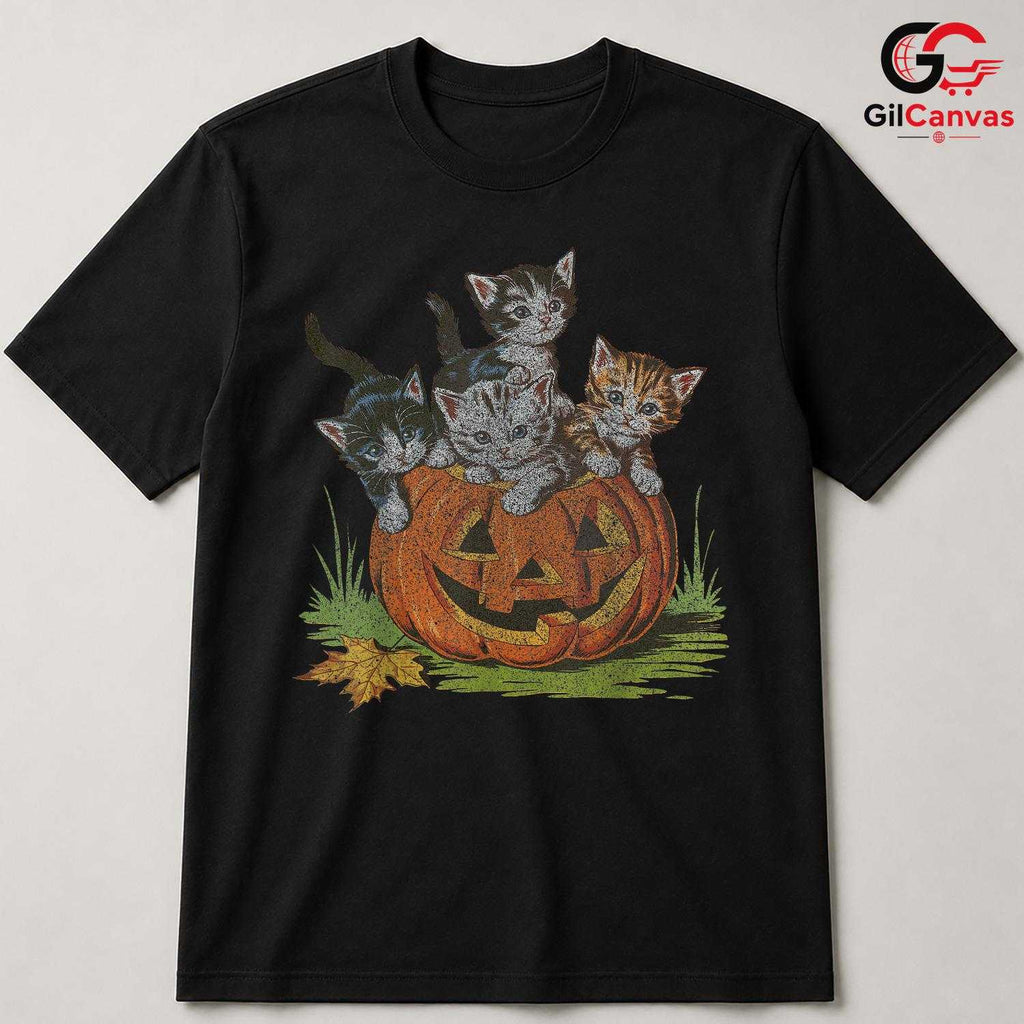 Cute Kitten Pumpkin Tee Shirt Unisex Halloween Cat Lover Gift Idea For Kids