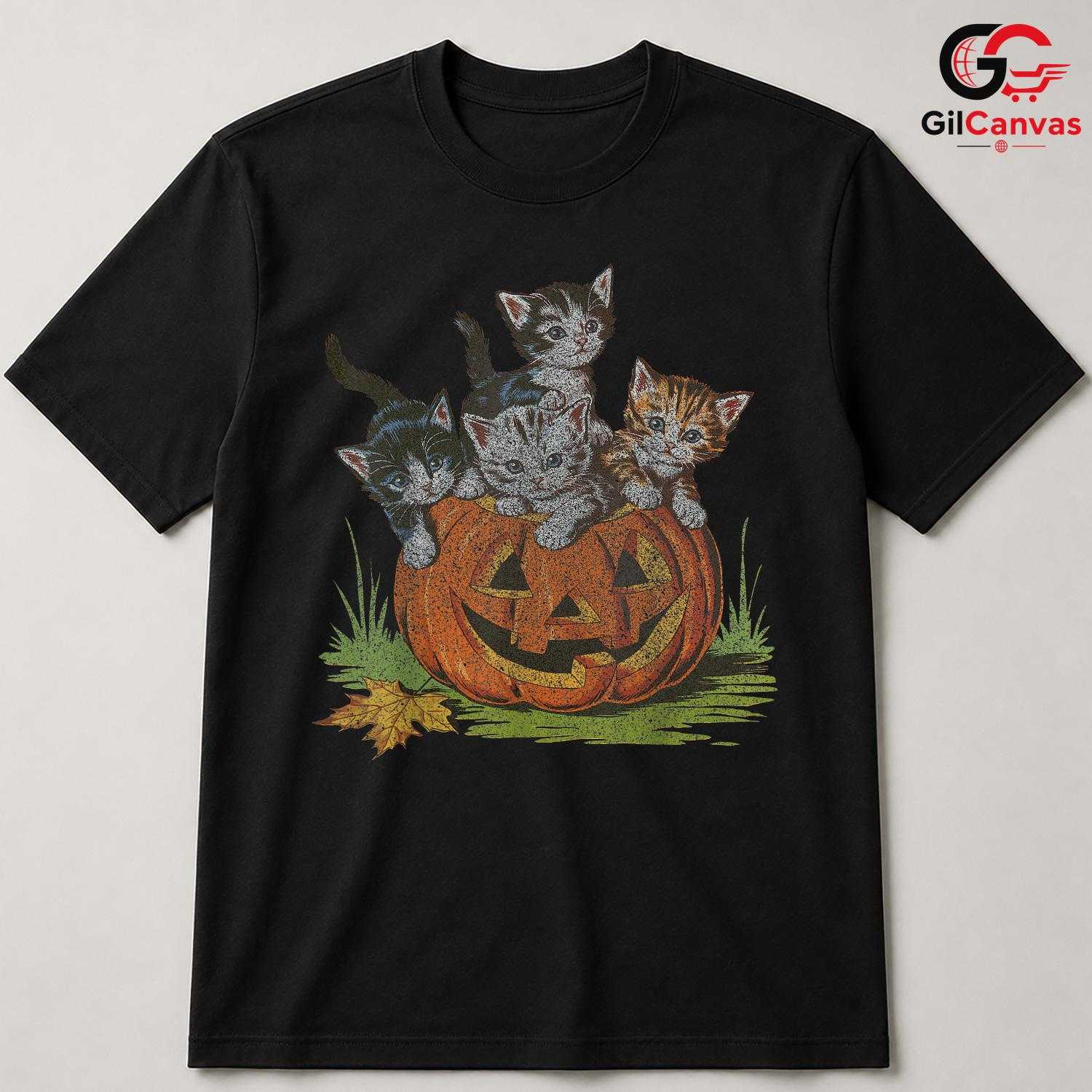 Cute Kitten Pumpkin Tee Shirt Unisex Halloween Cat Lover Gift Idea For Kids