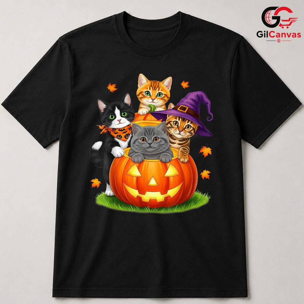 Cute Kitten Pumpkin Tee Shirt Unisex Fun Halloween Cat Lover Gift For Kids