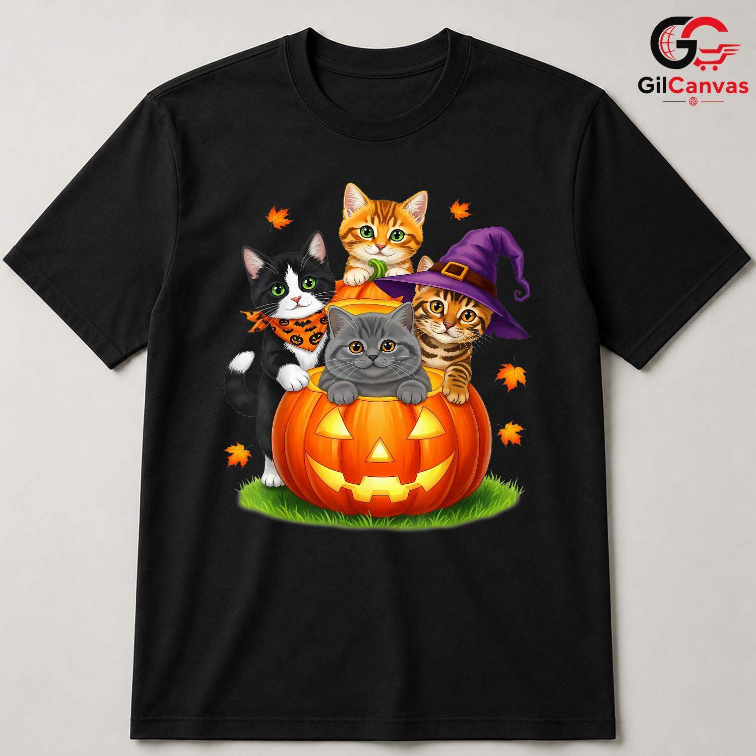 Cute Kitten Pumpkin Tee Shirt Unisex Fun Halloween Cat Lover Gift For Kids