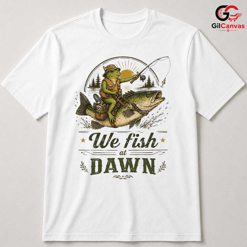 Dawn Fishing Frog Tee Shirt Outdoor Angler Adventure Unisex Graphic Apparel