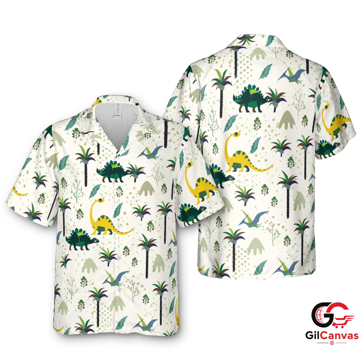 Dinosaur Print Hawaiian Shirt For Kids Tropical Summer Vacation Casual Wear
