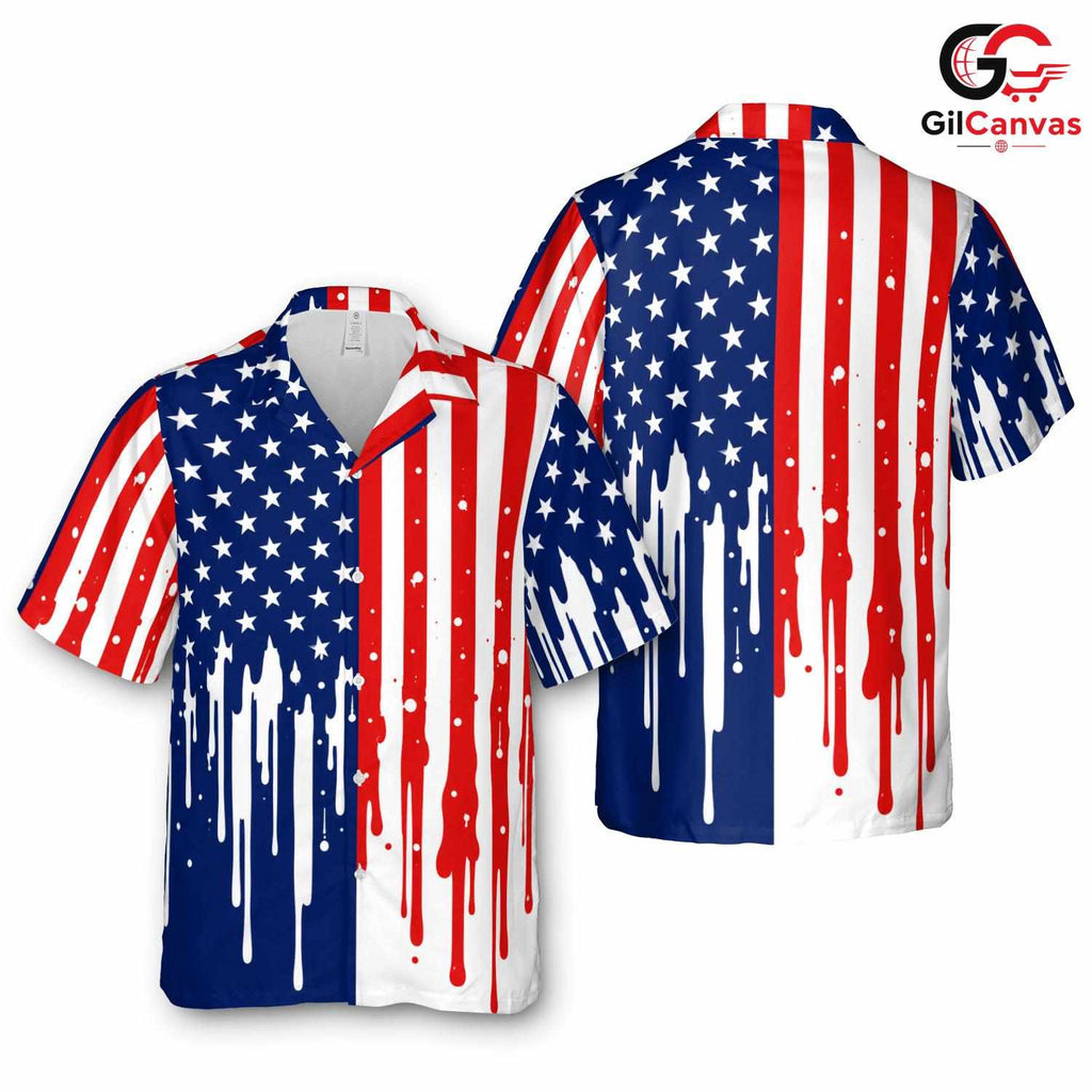 Dripping USA Flag Shirt Men, Custom Independence Day Fashion Summer Events