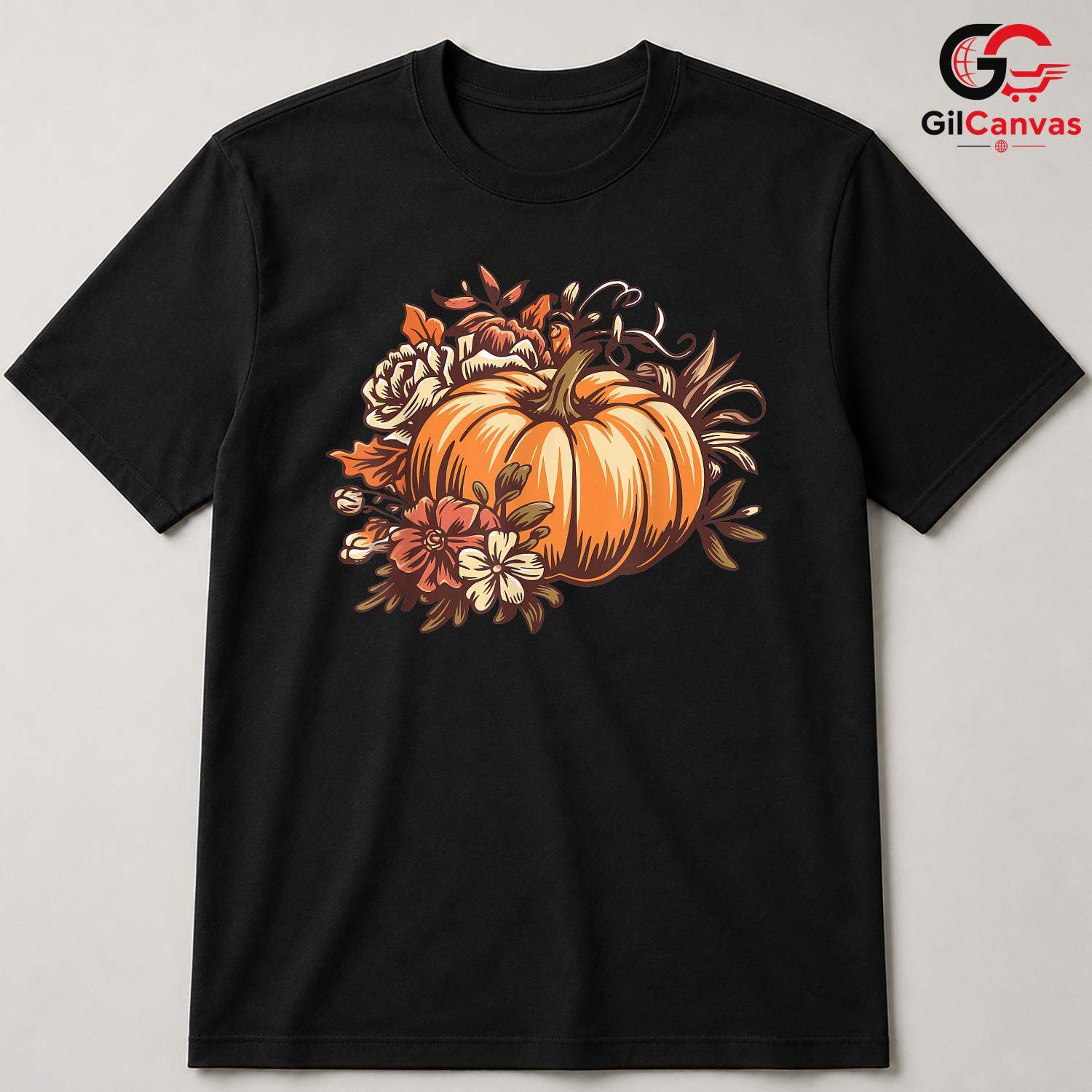 Fall Floral Pumpkin T-Shirt Unisex Perfect Autumn Season Gift Men And Women