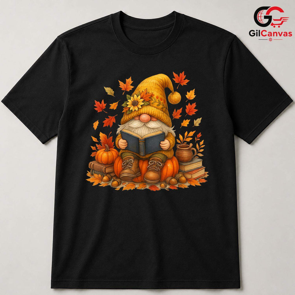 Fall Reading Gnome T-Shirt Unisex Cute Autumn Book Lover Enthusiast Gift