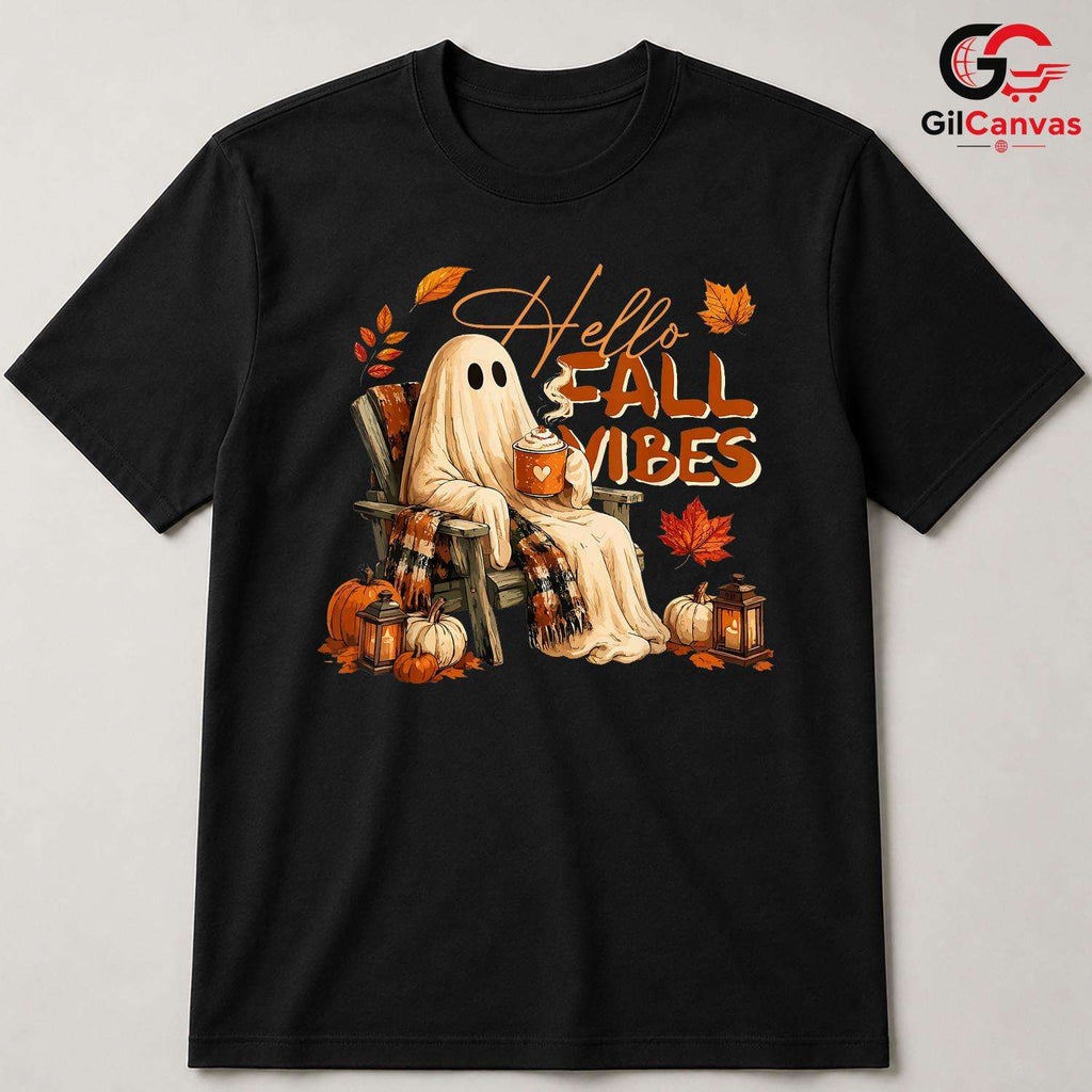 Fall Vibes Ghost Halloween Tee Unisex Spooky Autumn Lover Gift Kids Adults