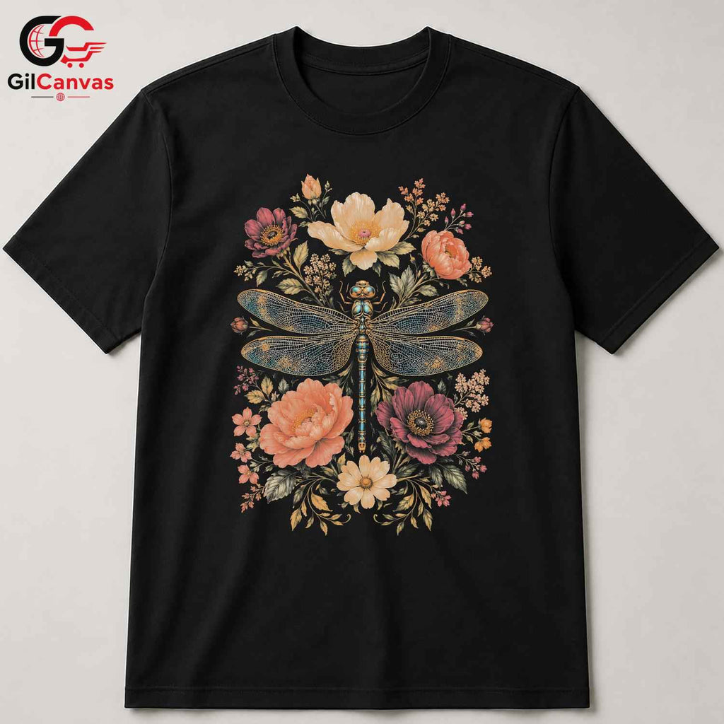 Floral Dragonfly T-Shirt Spring Fashion Garden Party Eco Friendly Women Tee