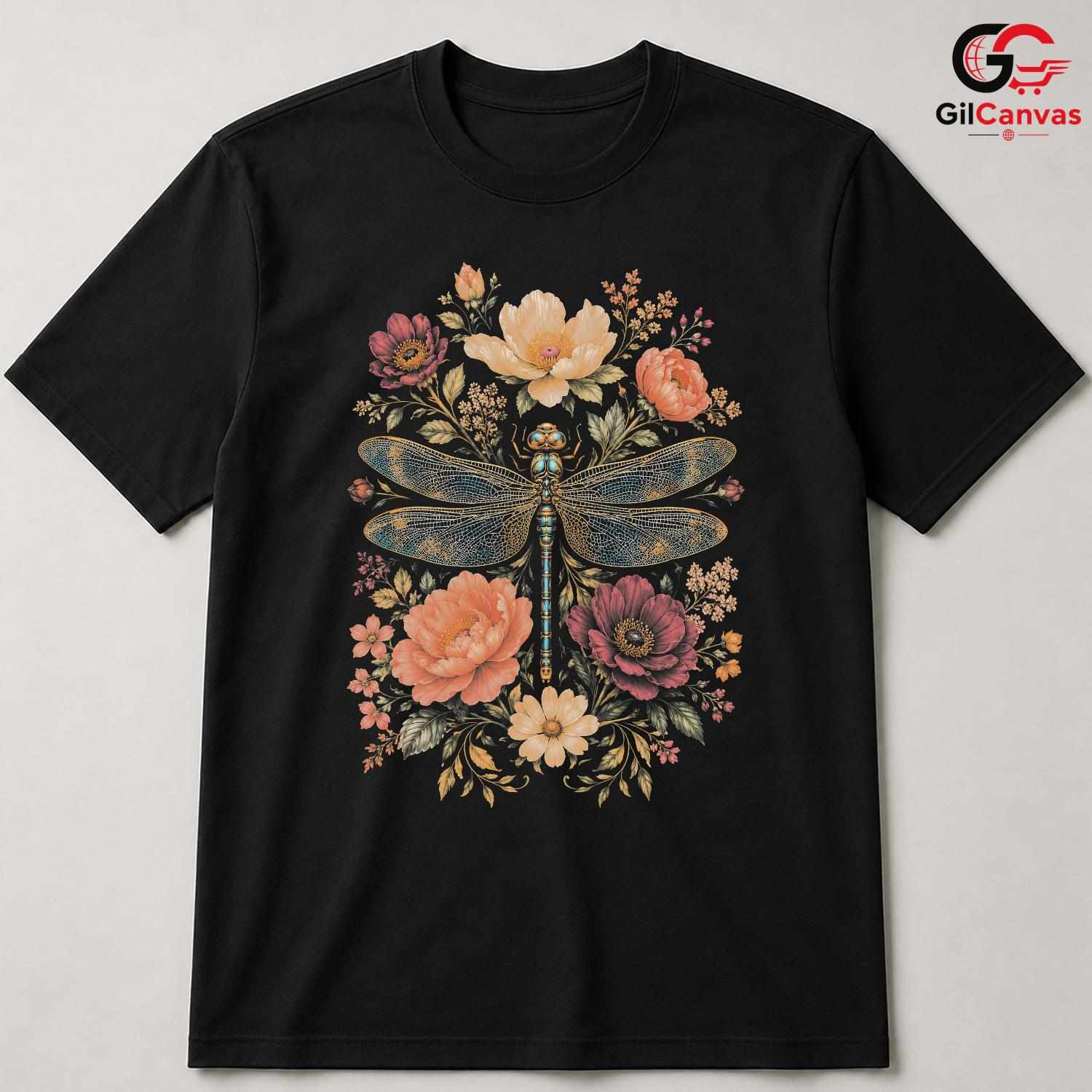 Floral Dragonfly T-Shirt Spring Fashion Garden Party Eco Friendly Women Tee