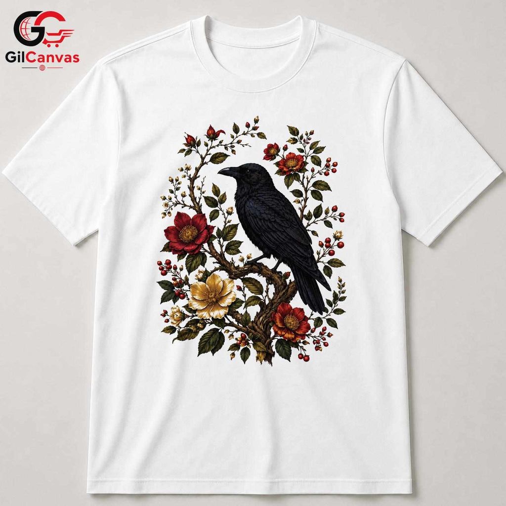 Floral Raven Art Halloween Tee Men Women Spooky Bird Design Nature Graphic Shirt