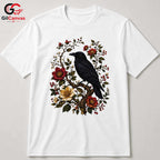 Floral Raven Art Halloween Tee Men Women Spooky Bird Design Nature Graphic Shirt