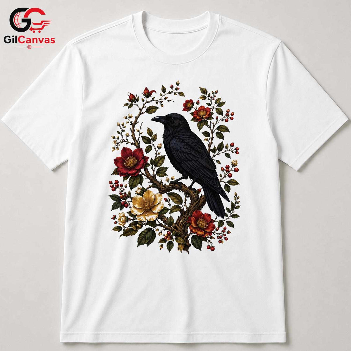 Floral Raven Art Halloween Tee Men Women Spooky Bird Design Nature Graphic Shirt