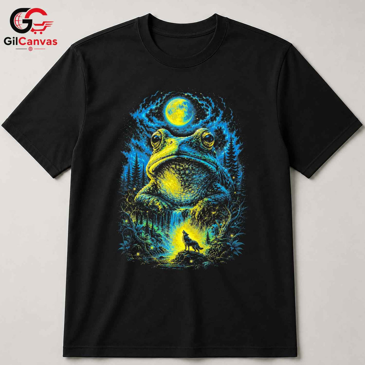 Forest Moon Frog T-Shirt Waterfall Design Halloween Graphic Men Women Apparel