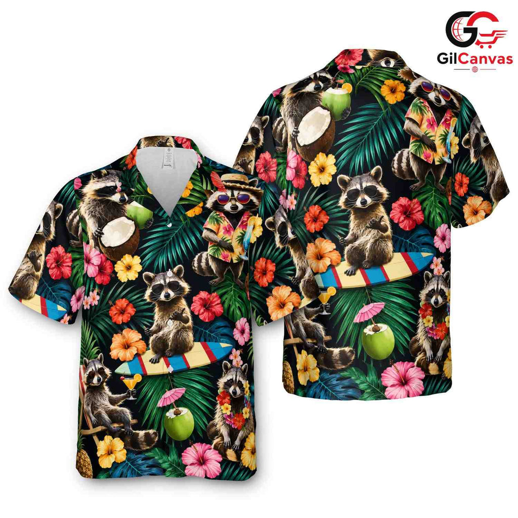 Funny Raccoon Island Critter Shirt, Mens Aloha Party Wear Summer Vacation