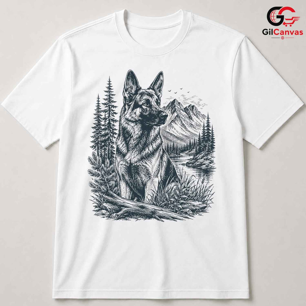 German Shepherd River T-Shirt Forest Nature Dog Lover Unisex Mountain Apparel Tee