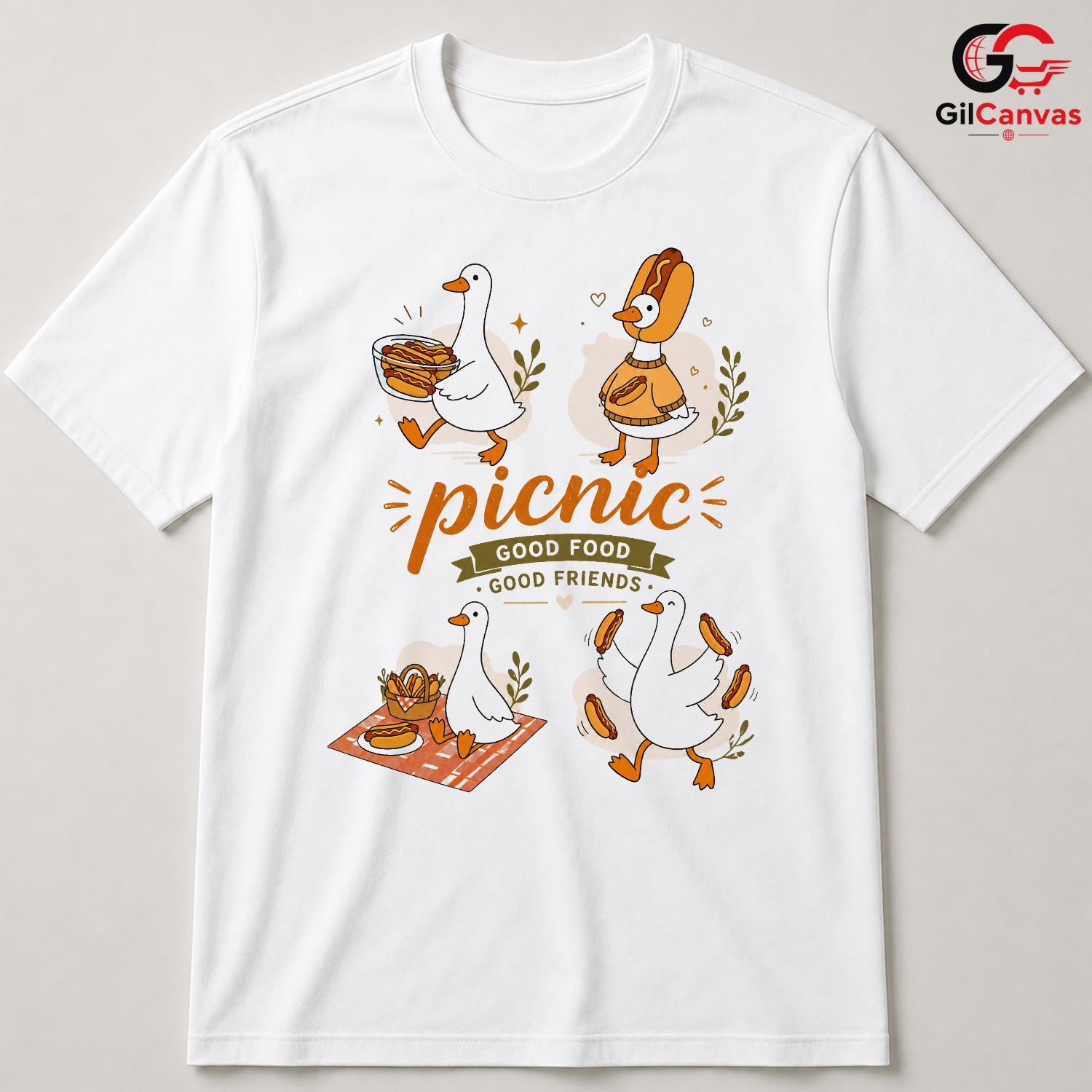 Good Food Friends Picnic T-Shirt Cute Duck Graphic Unisex Casual Apparel