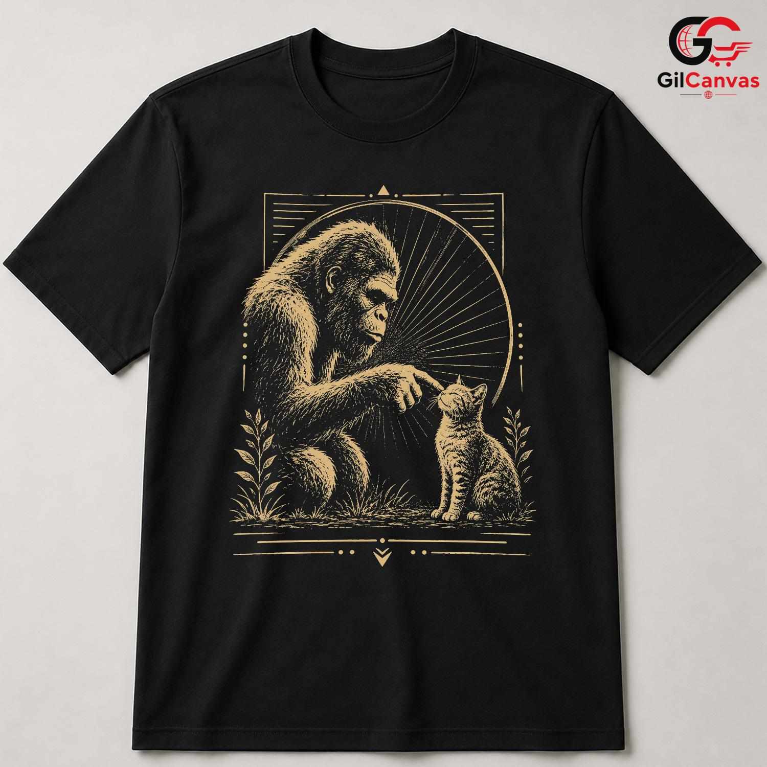 Gorilla Petting Cat Graphic T-Shirt Animal Nature Lover Unisex Casual Apparel