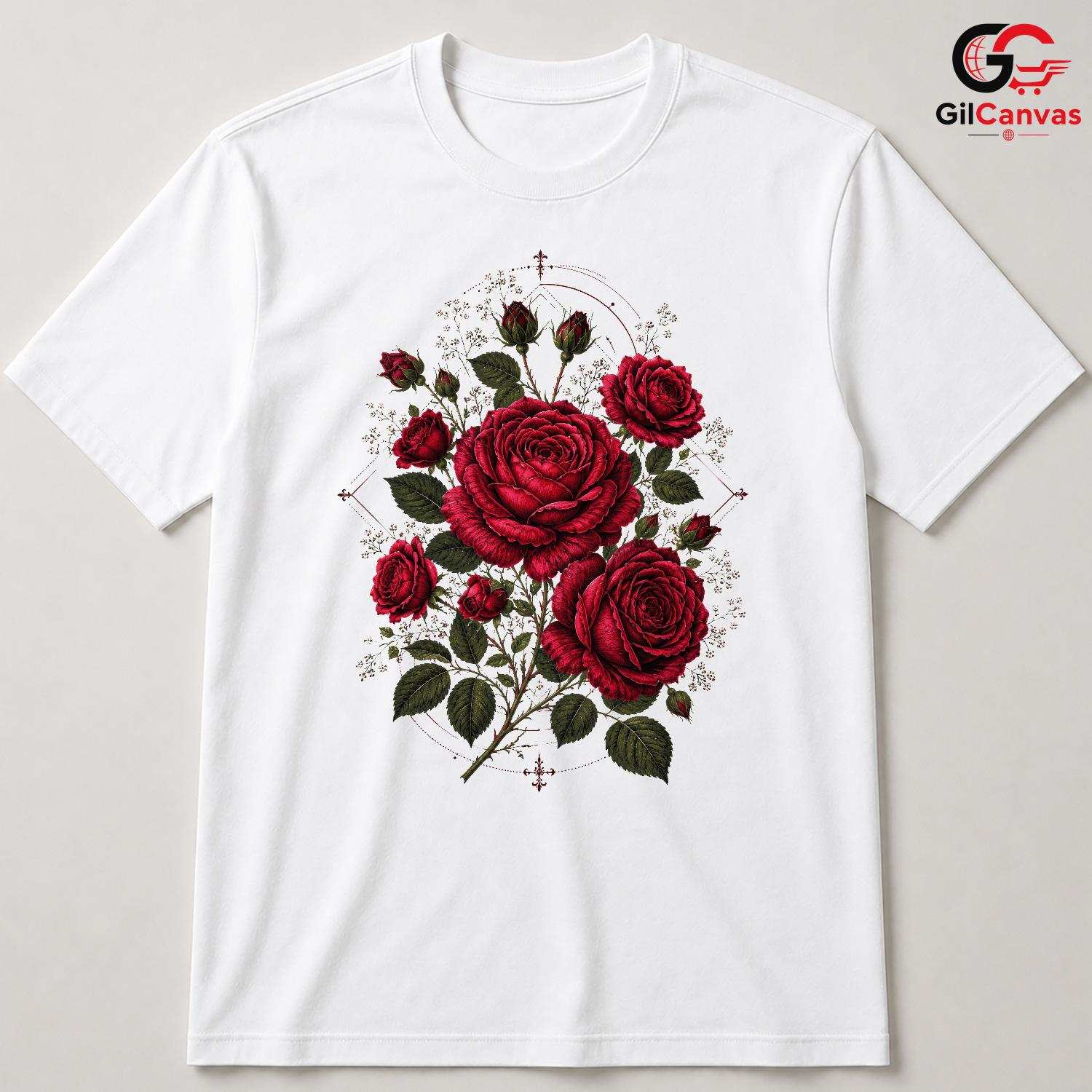 Gothic Red Rose Botanical T-Shirt Aesthetic Floral Art Unisex Graphic Apparel
