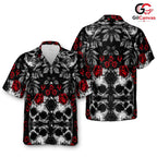 Gothic Skull Red Rose Aloha Shirt, Edgy Unisex Tropical Wear For Halloween
