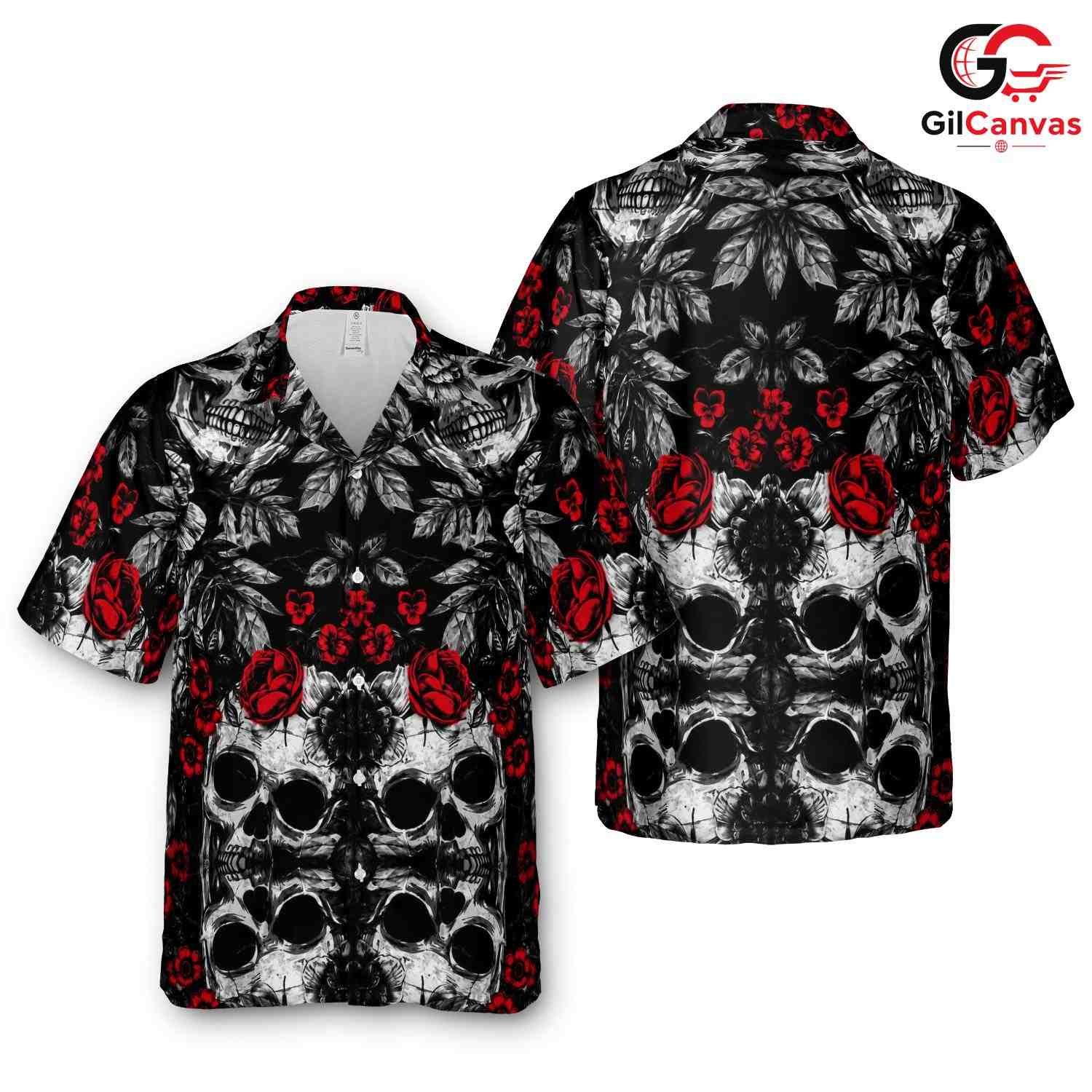 Gothic Skull Red Rose Aloha Shirt, Edgy Unisex Tropical Wear For Halloween