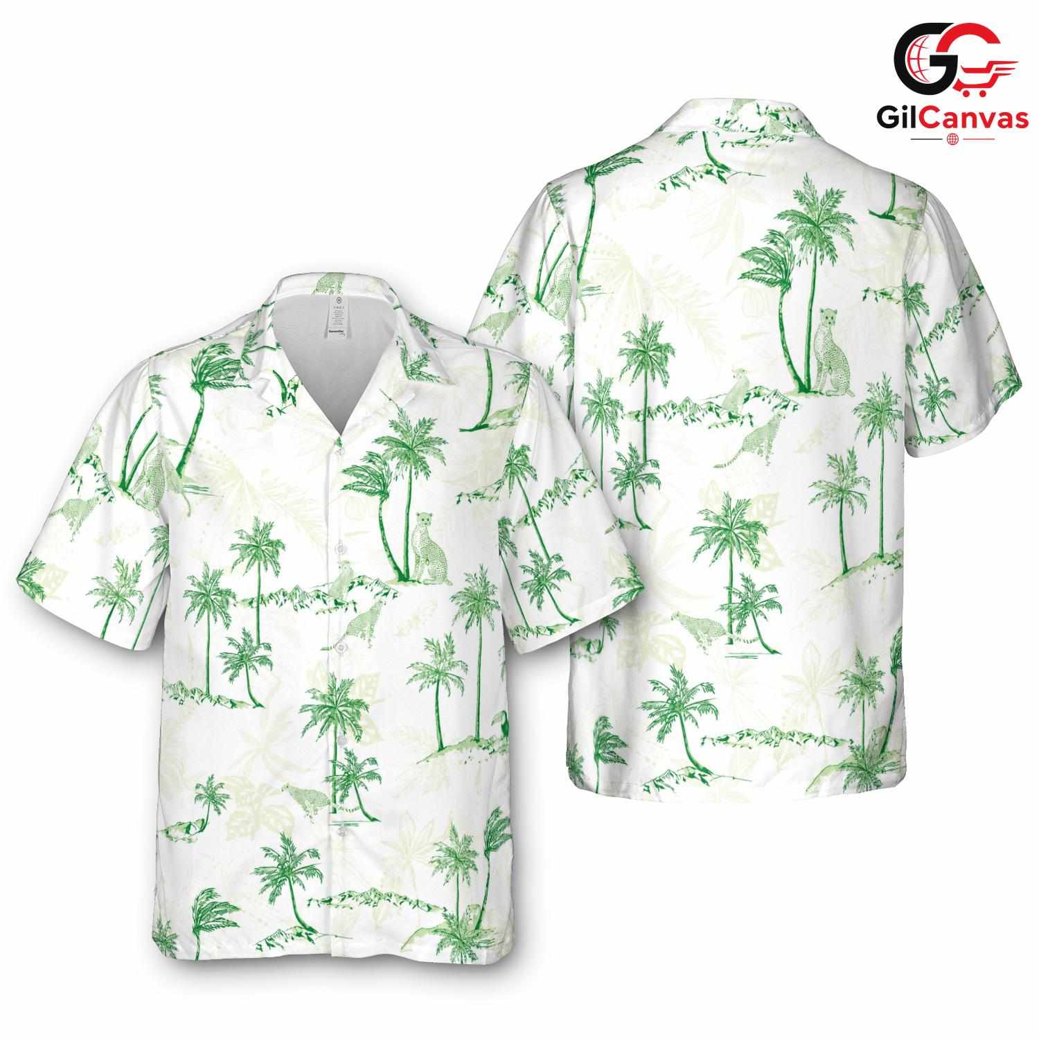 Green Palm Tree Hawaiian Tee, Fun Casual Men Beachwear Summer Apparel Style
