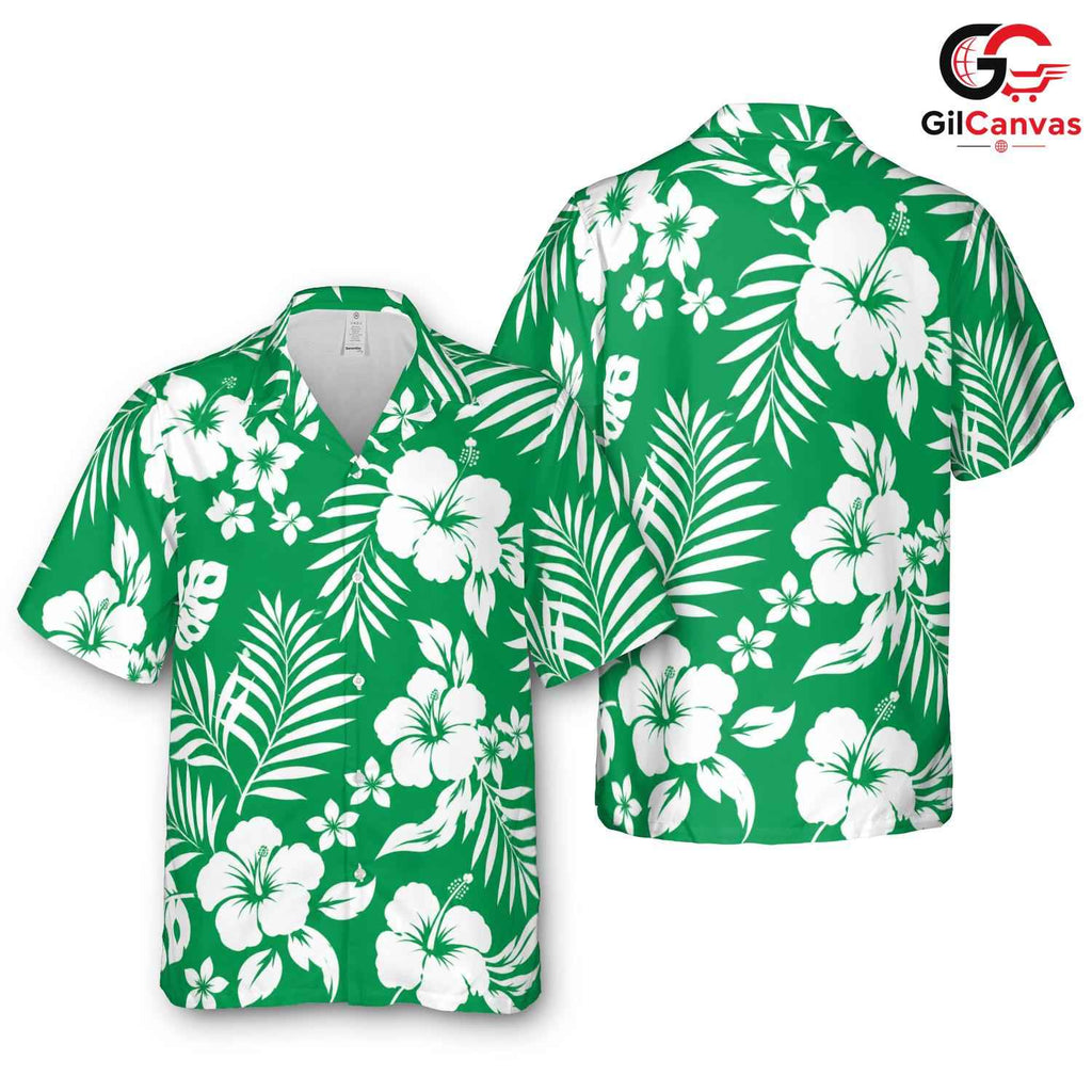 Green White Hibiscus Aloha Tee, Premium Unisex Resort Beach Wear Summer Vacation