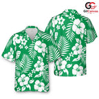 Green White Hibiscus Aloha Tee, Premium Unisex Resort Beach Wear Summer Vacation