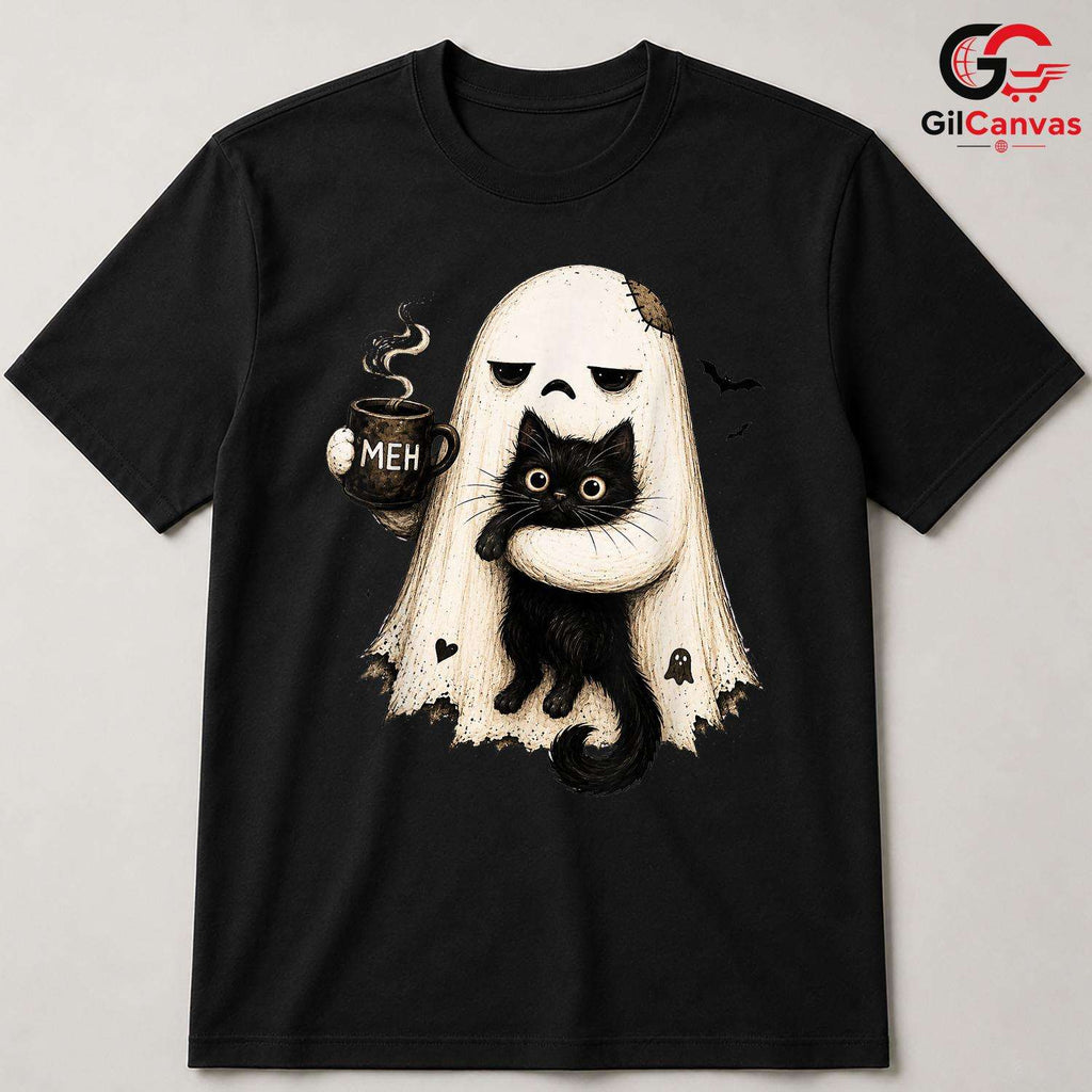 Grumpy Ghost Black Cat Mug T-Shirt Unisex Funny Spooky Autumn Gift For Lovers