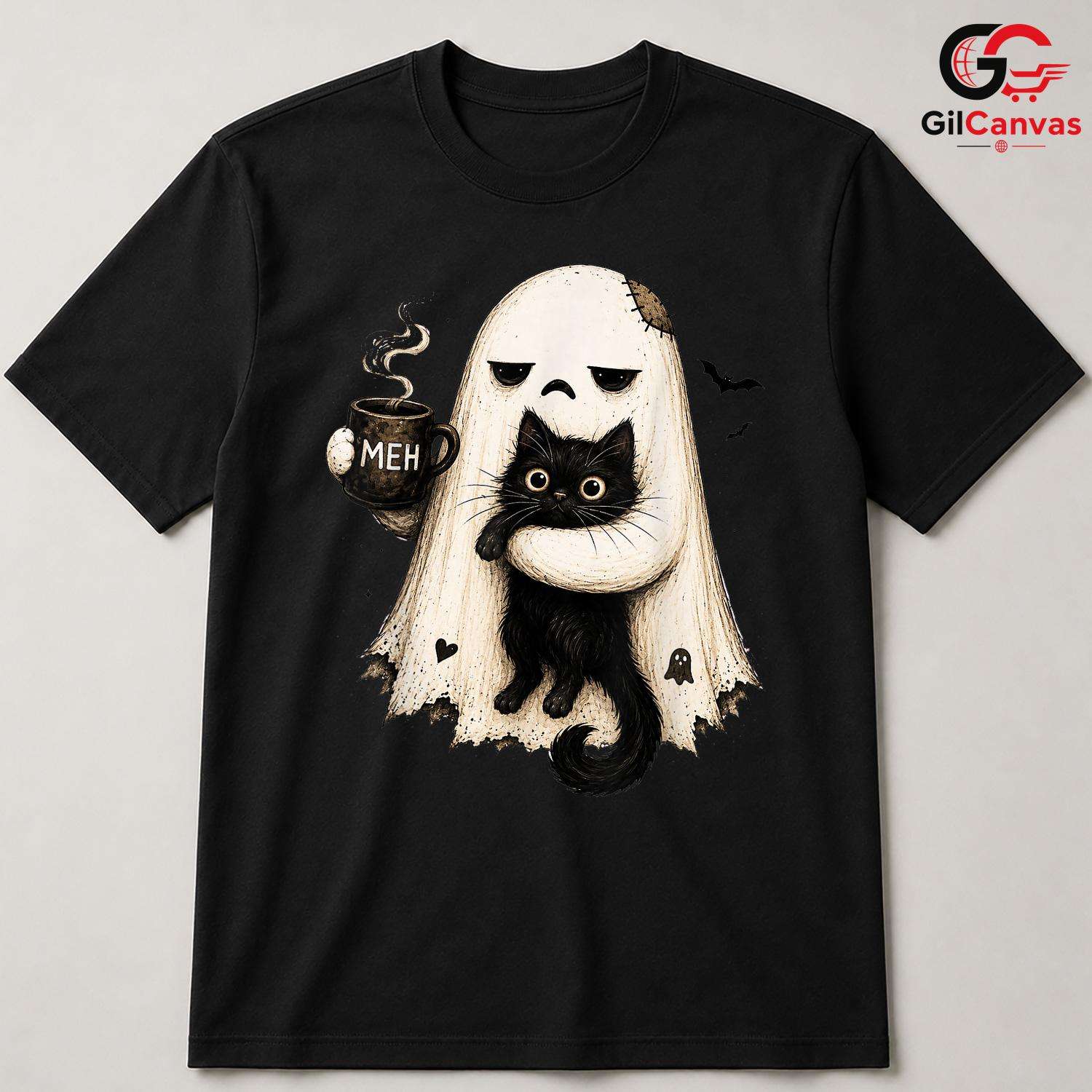 Grumpy Ghost Black Cat Mug T-Shirt Unisex Funny Spooky Autumn Gift For Lovers