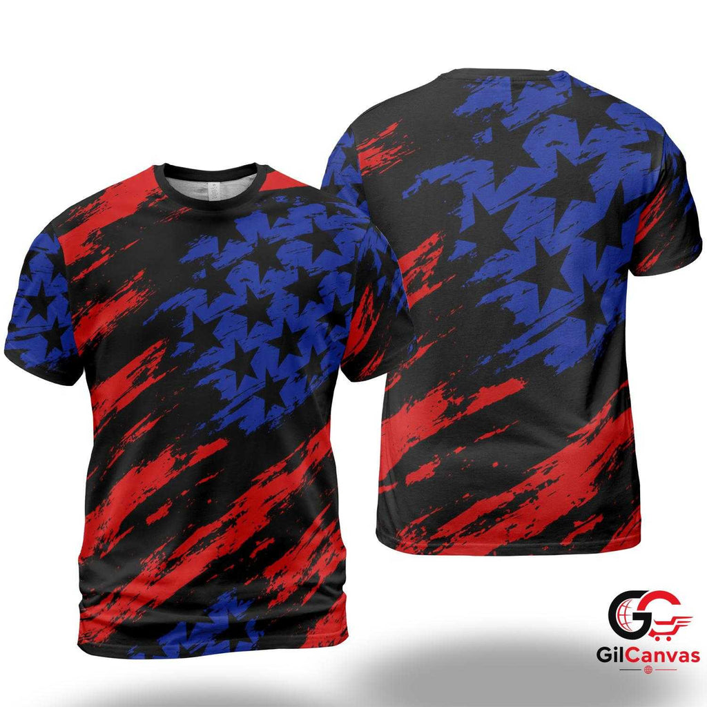 Grunge USA Flag Art 3D T-Shirt, Patriotic Unisex Holiday Graphic Tee Casual Outfits