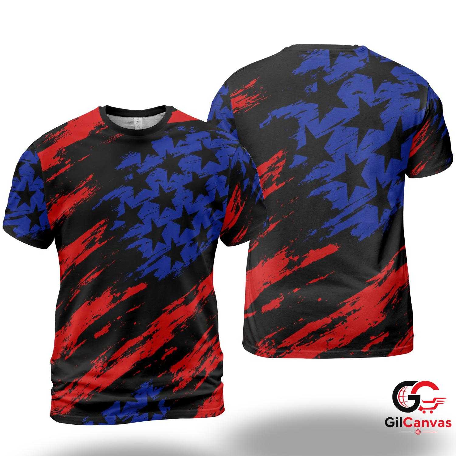 Grunge USA Flag Art 3D T-Shirt, Patriotic Unisex Holiday Graphic Tee Casual Outfits