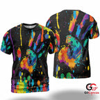 Handprint Paint Art 3D T-Shirt, Colorful Unisex Abstract Graphic Tee Celebration