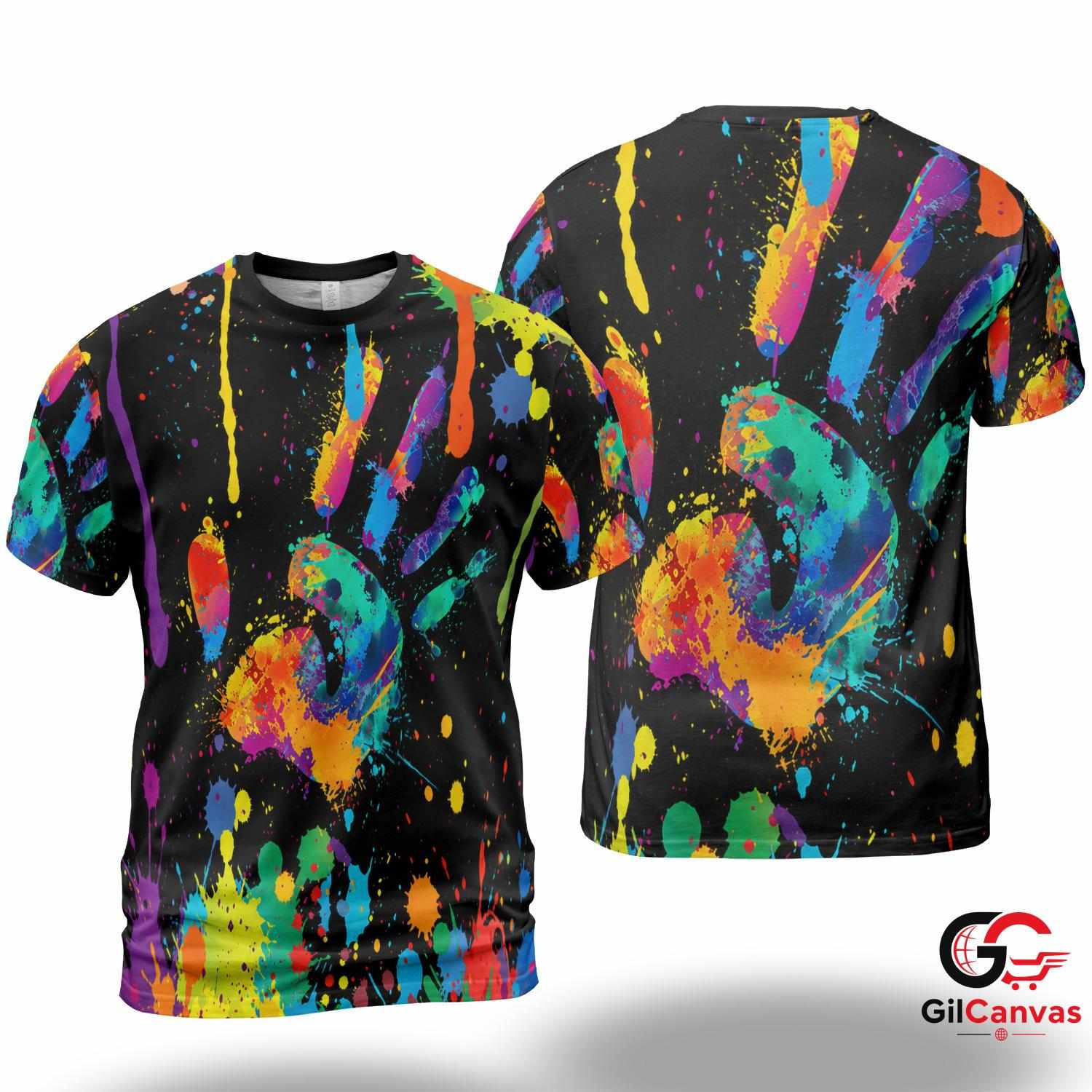 Handprint Paint Art 3D T-Shirt, Colorful Unisex Abstract Graphic Tee Celebration