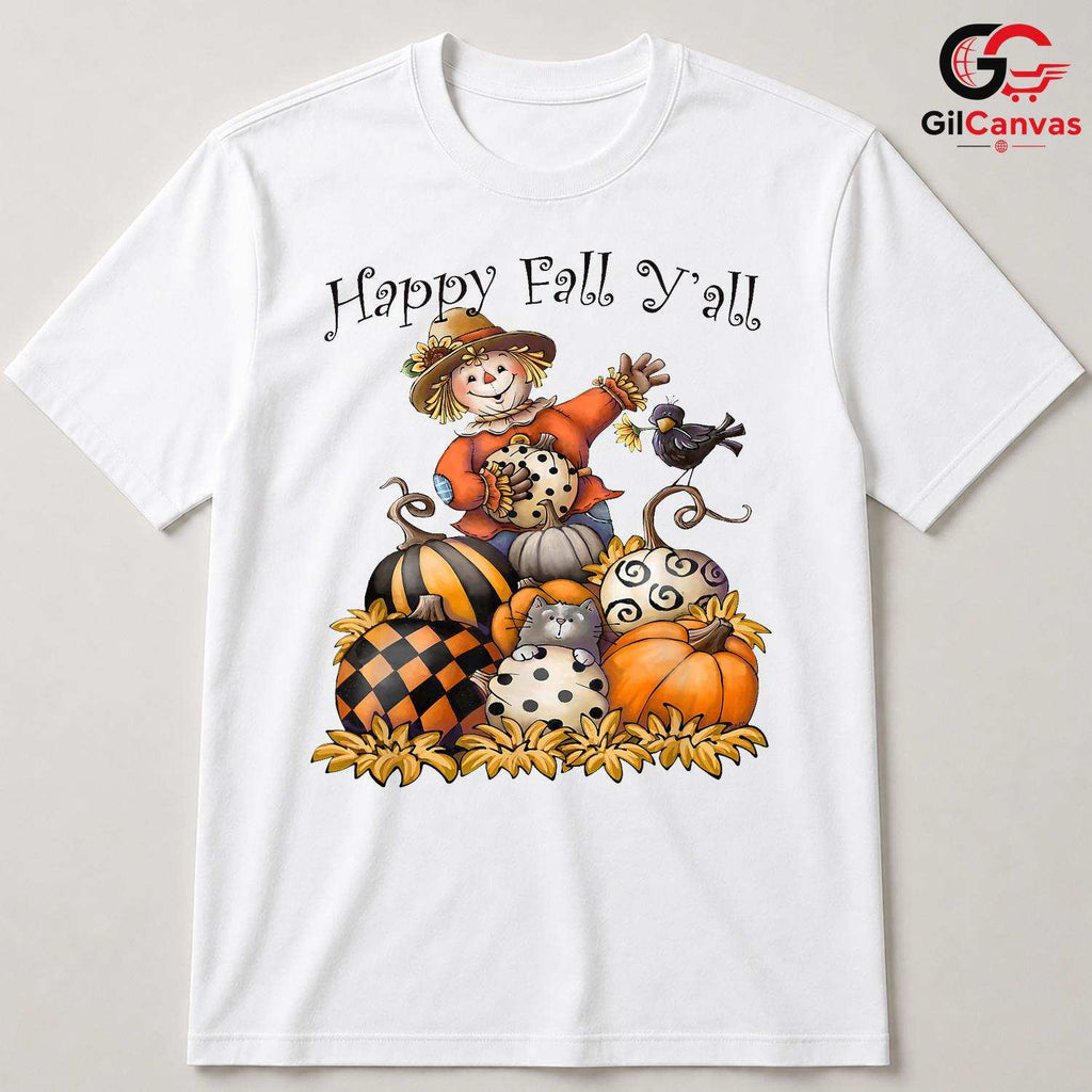 Happy Fall Yall Scarecrow Tee Unisex Cute Autumn Pumpkin Gift Kids Youth