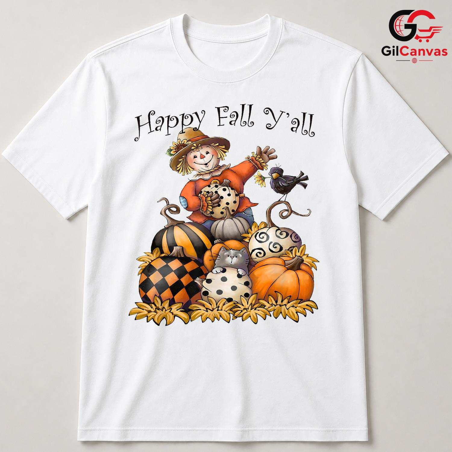 Happy Fall Yall Scarecrow Tee Unisex Cute Autumn Pumpkin Gift Kids Youth