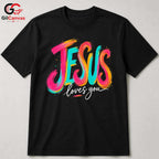 Jesus Loves You Graphic Tee Colorful Christmas Inspirational Unisex Apparel