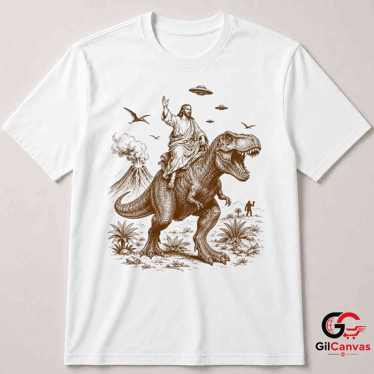 Jesus Riding TRex Graphic T-Shirt Funny Surreal Humor Unisex Vintage Apparel Tee