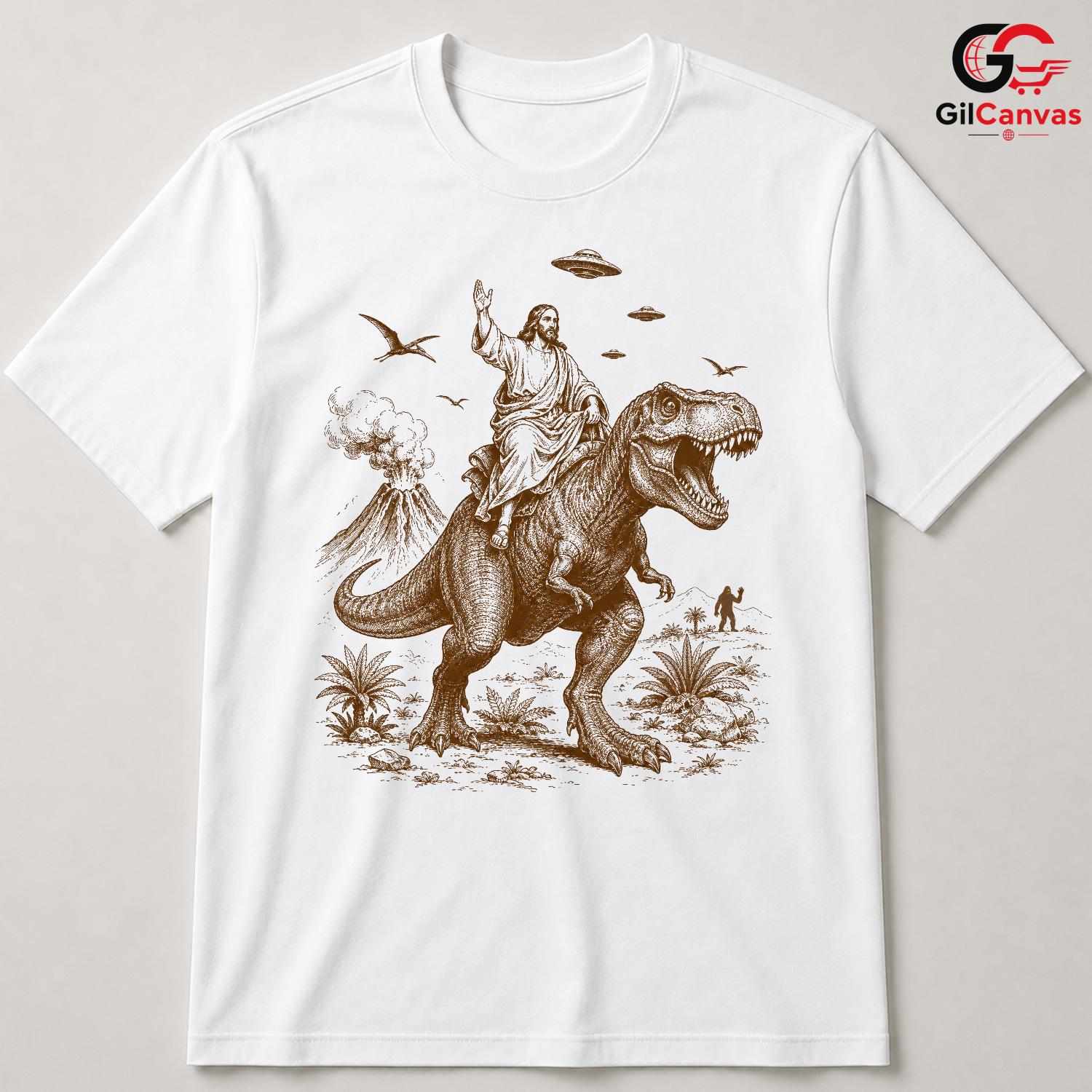 Jesus Riding TRex Graphic T-Shirt Funny Surreal Humor Unisex Vintage Apparel Tee