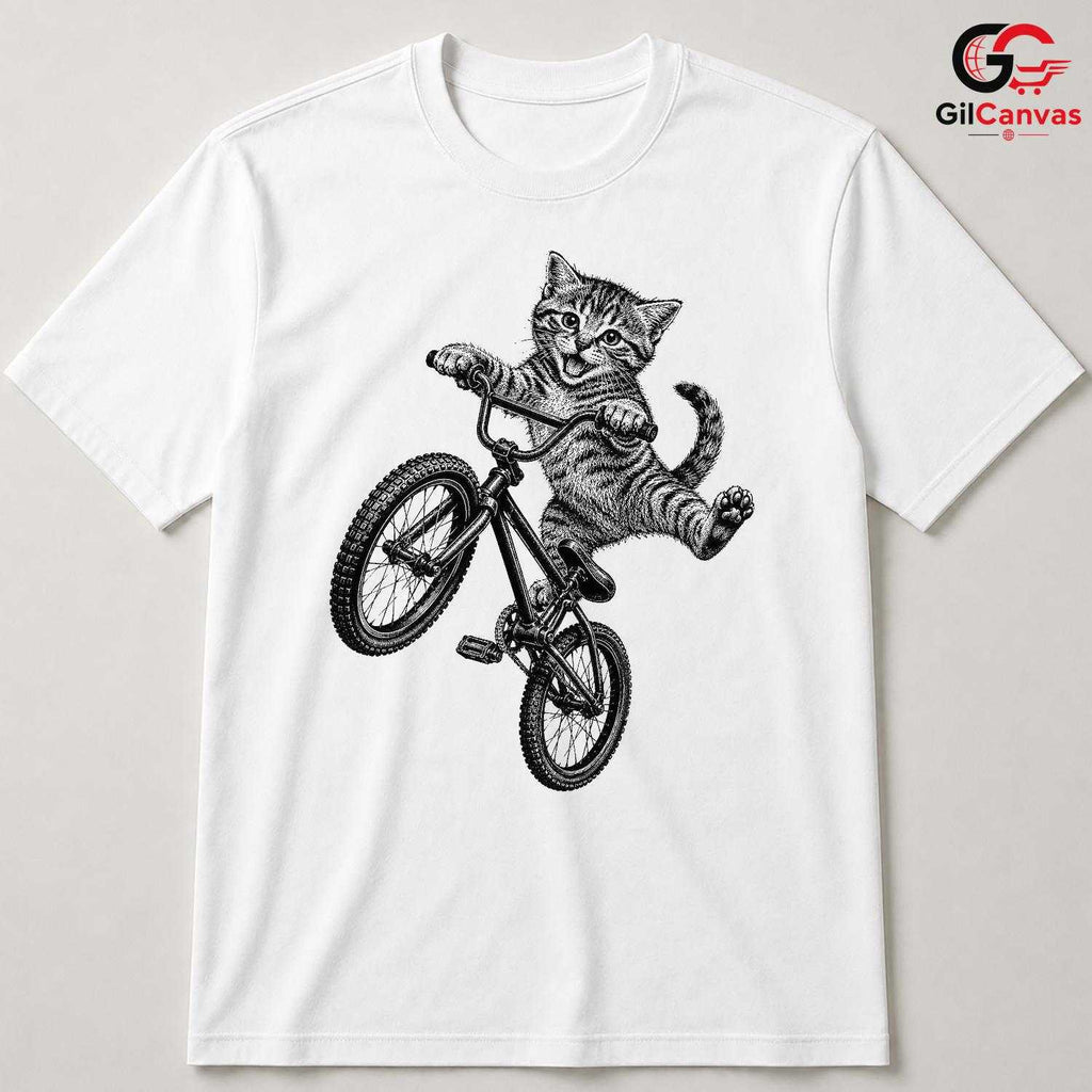 Kitten BMX Bike Rider T-Shirt Happy Tabby Cat Unisex Pet Lover Casual Gift Tee