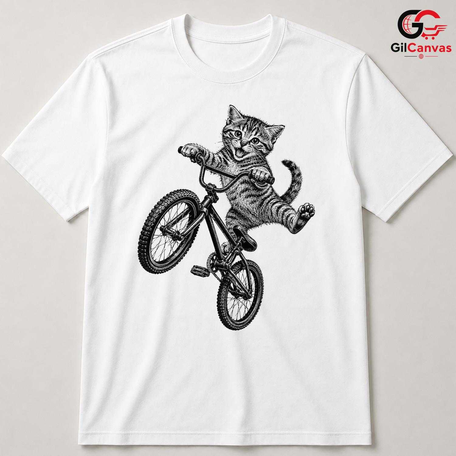 Kitten BMX Bike Rider T-Shirt Happy Tabby Cat Unisex Pet Lover Casual Gift Tee