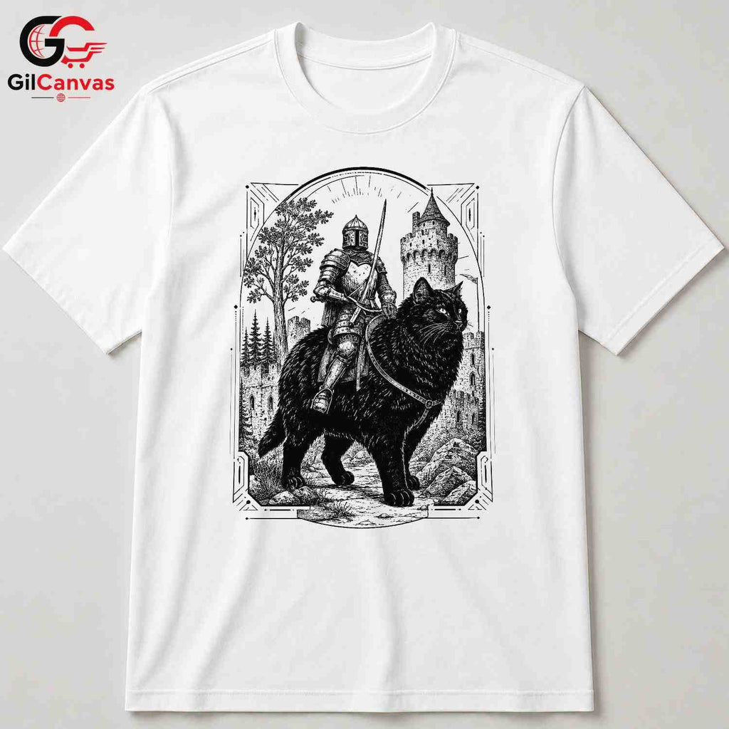 Knight Black Cat T-Shirt Unisex Fantasy Art Adventure Lover Graphic Fun Tee