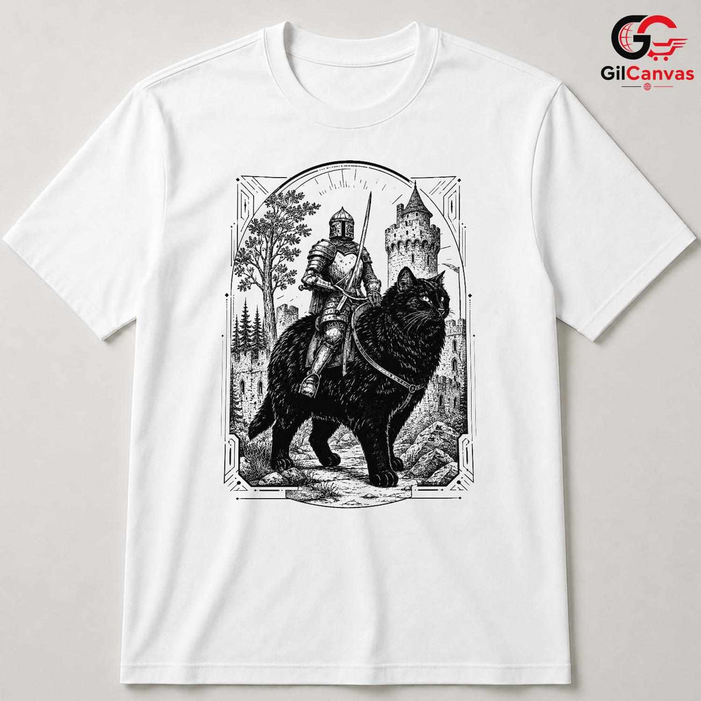Knight Black Cat T-Shirt Unisex Fantasy Art Adventure Lover Graphic Fun Tee