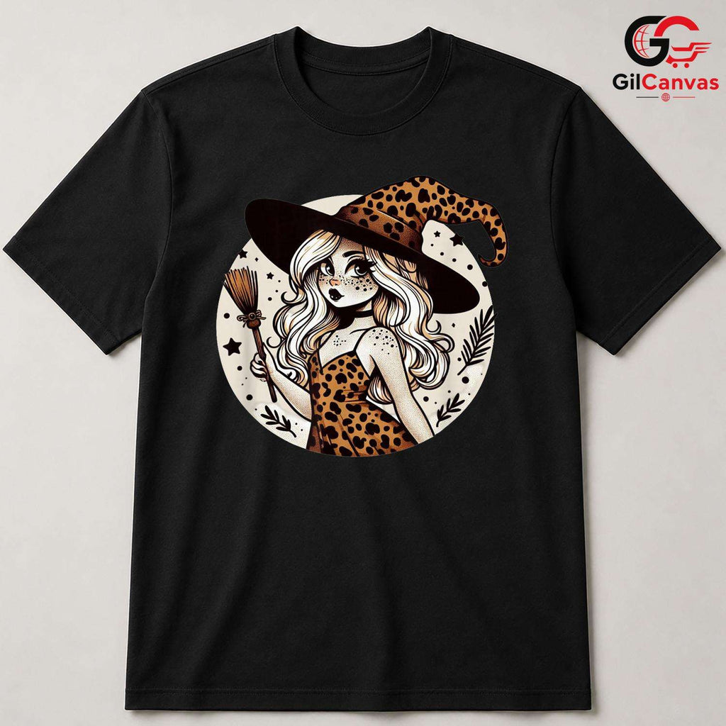 Leopard Print Witch Girl T-Shirt Unisex Spooky Season Costume Gift For Women
