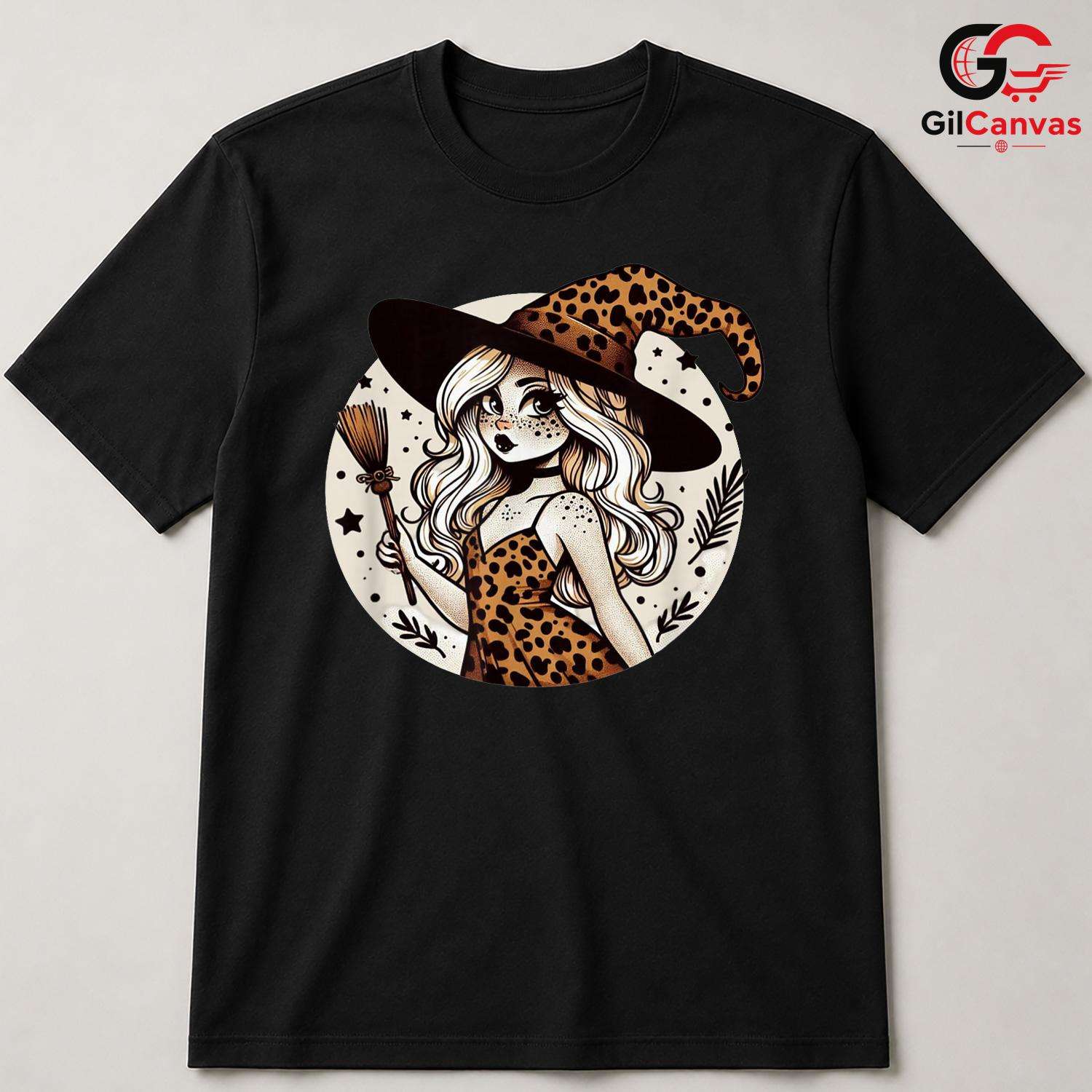 Leopard Print Witch Girl T-Shirt Unisex Spooky Season Costume Gift For Women